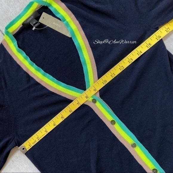 J.Crew NWT navy lightweight v-neck cardigan with neon striped trim - Picture 7 of 11